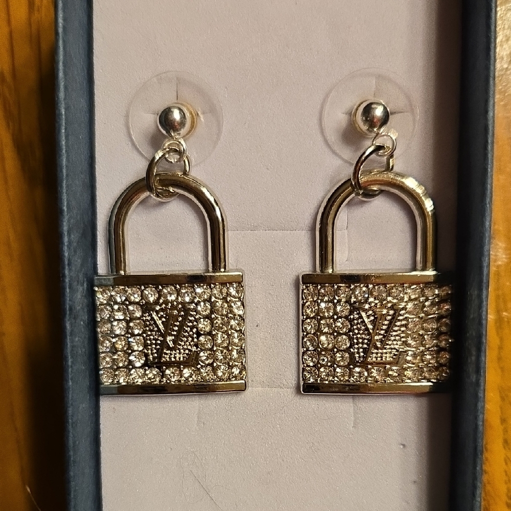 Louis Vuitton Crystal Embellished Padlock Upcycled Earrings-Pierced